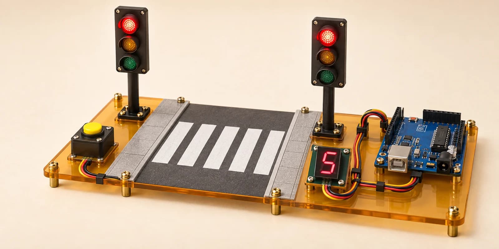 Arduino pedestrian crossing with traffic lights, pushbutton and countdown display