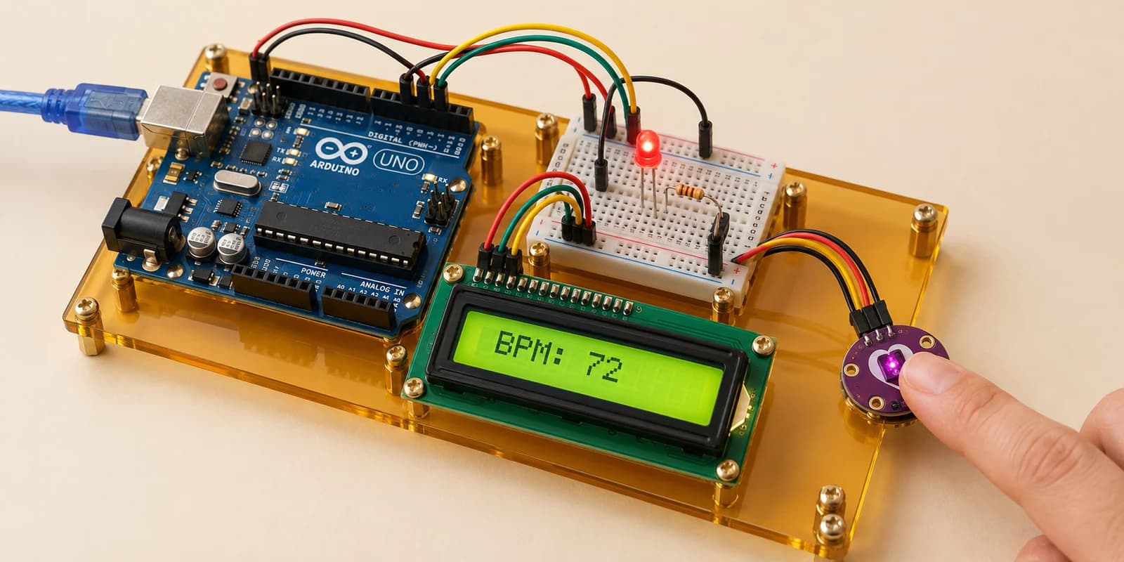 Arduino classroom pulse monitor with round optical sensor, LCD and red beat LED on an acrylic base