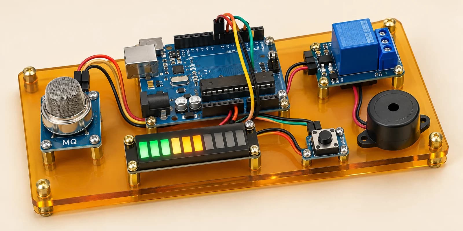 Arduino gas alarm with gas sensor, LED meter, relay and reset button