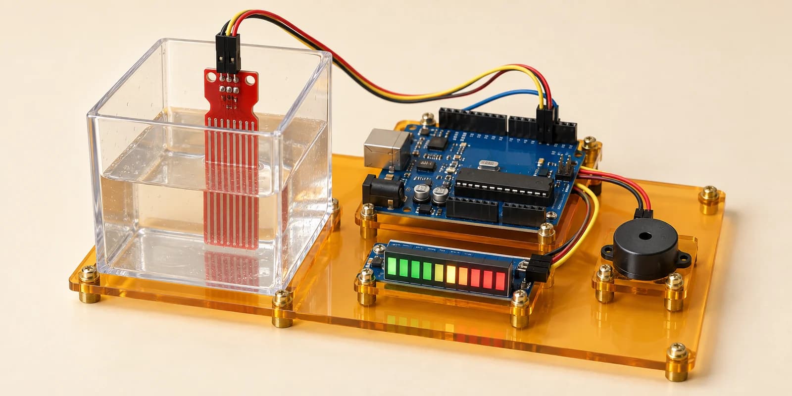 Water tank level monitor with an Arduino, LED meter and buzzer