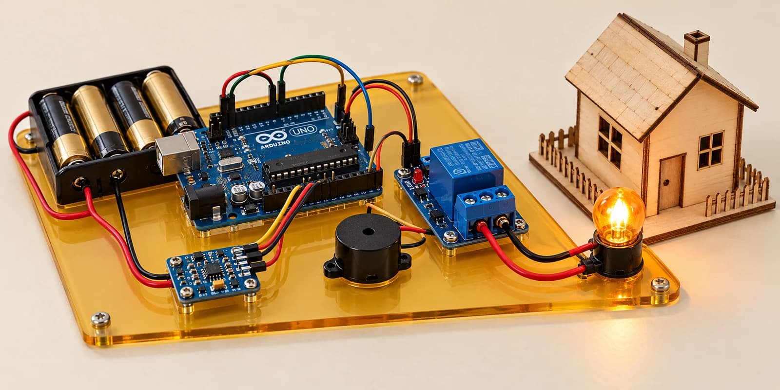 Arduino classroom vibration alarm with motion sensor, relay, buzzer and battery-powered warning lamp