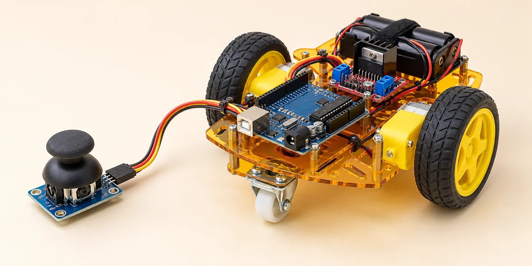 Joystick controller beside an Arduino robot car