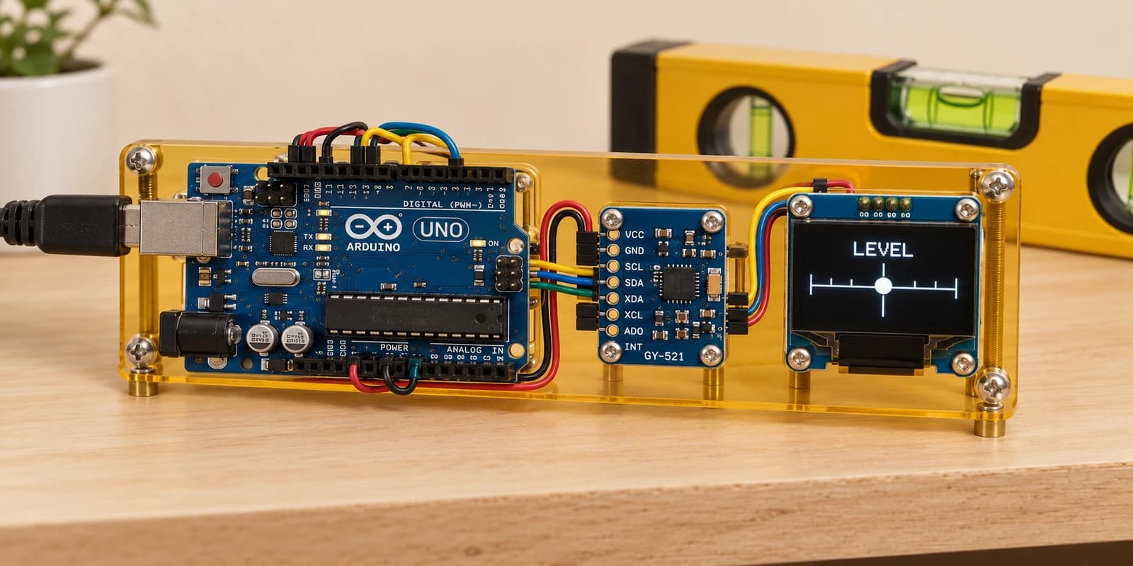 Arduino digital spirit level with MPU6050 tilt sensor and OLED centred marker on an acrylic base