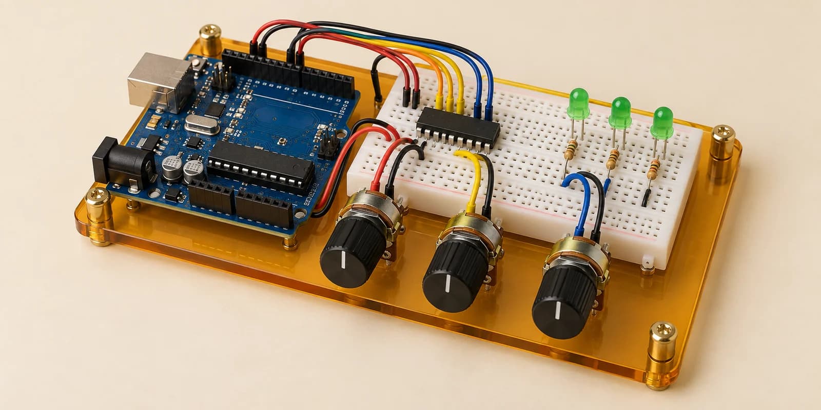 Three potentiometer knobs connected to an Arduino through an analog multiplexer