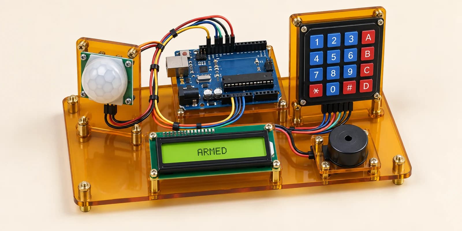 Arduino security alarm with keypad, motion sensor, LCD and buzzer