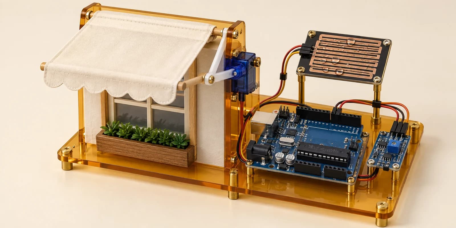 Rain-sensing model awning operated by an Arduino and servo