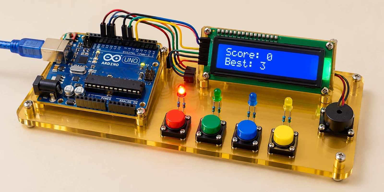 Arduino four-colour score game with buttons, LEDs, buzzer and LCD showing a saved best score