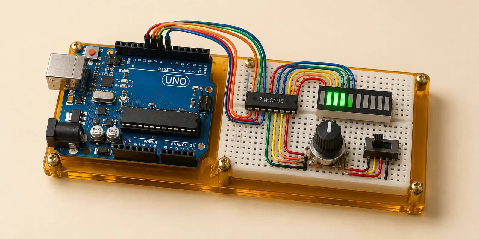 Arduino shift register driving a running-light LED bargraph