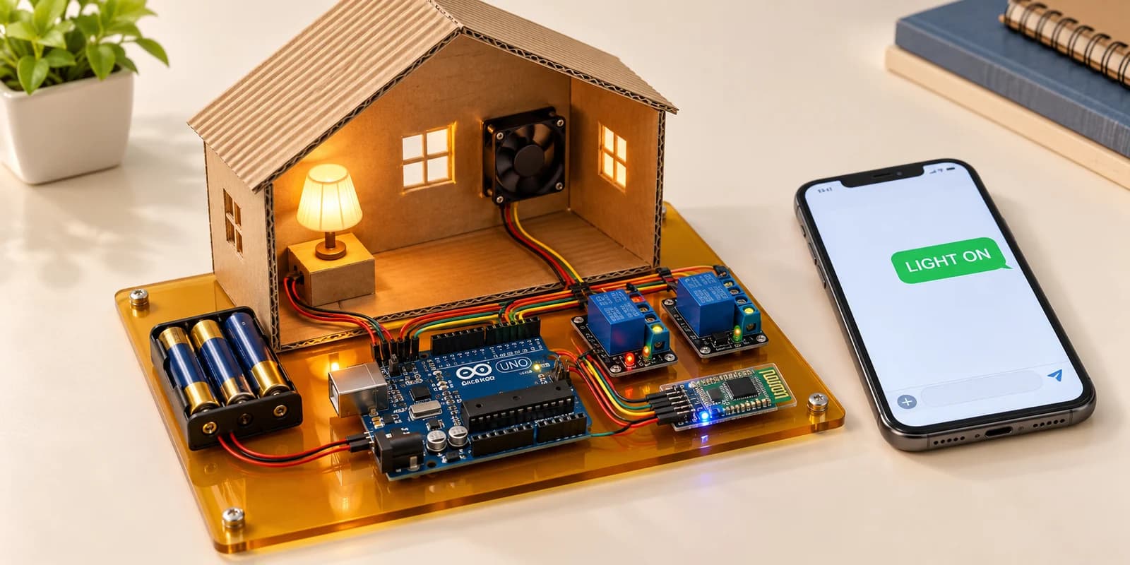 Small open cardboard house model with warm illuminated miniature lamp and small DC fan, blue Arduino Uno, two blue relay modules, HC-05 Bluetooth module and AA battery holder on amber acrylic base. Smartphone beside model displaying simple text LIGHT ON. Text-command control, not voice assistant.