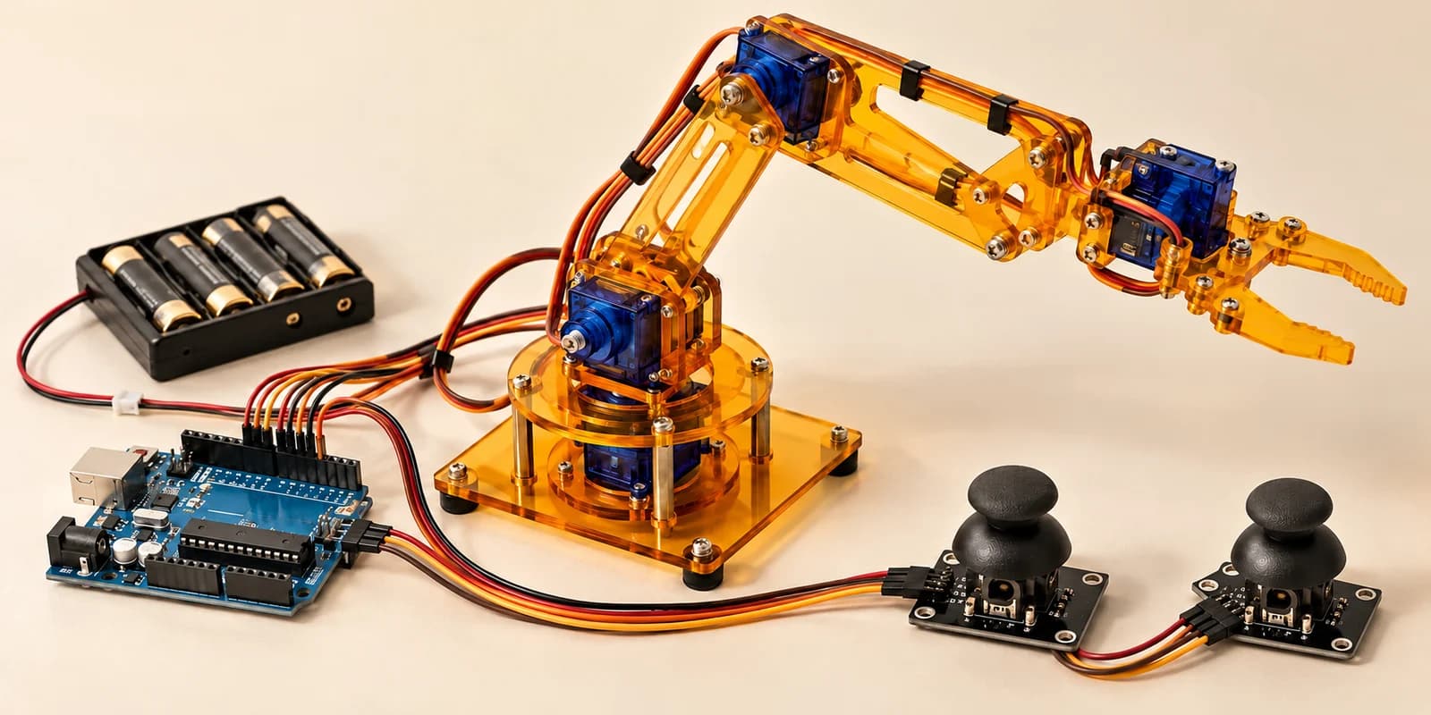 Four-servo robotic arm controlled by two joysticks, with Arduino and battery supply