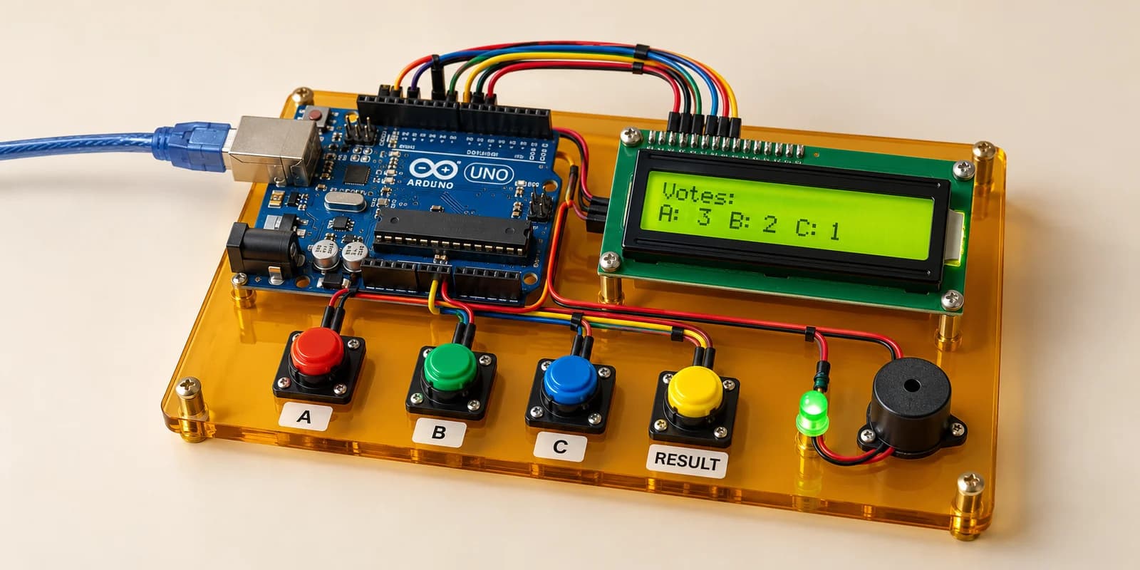 School voting machine prototype on amber acrylic base with blue Arduino Uno, green 16x2 LCD, exactly four pushbuttons red A green B blue C yellow RESULT, small green LED and buzzer, neat real wires.
