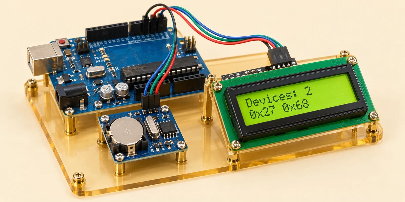 Arduino Uno with an I²C LCD and DS1307 clock sharing the same data and clock wires