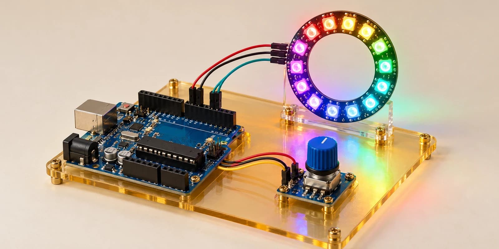 Arduino rainbow NeoPixel ring mood light with a brightness knob on an acrylic base
