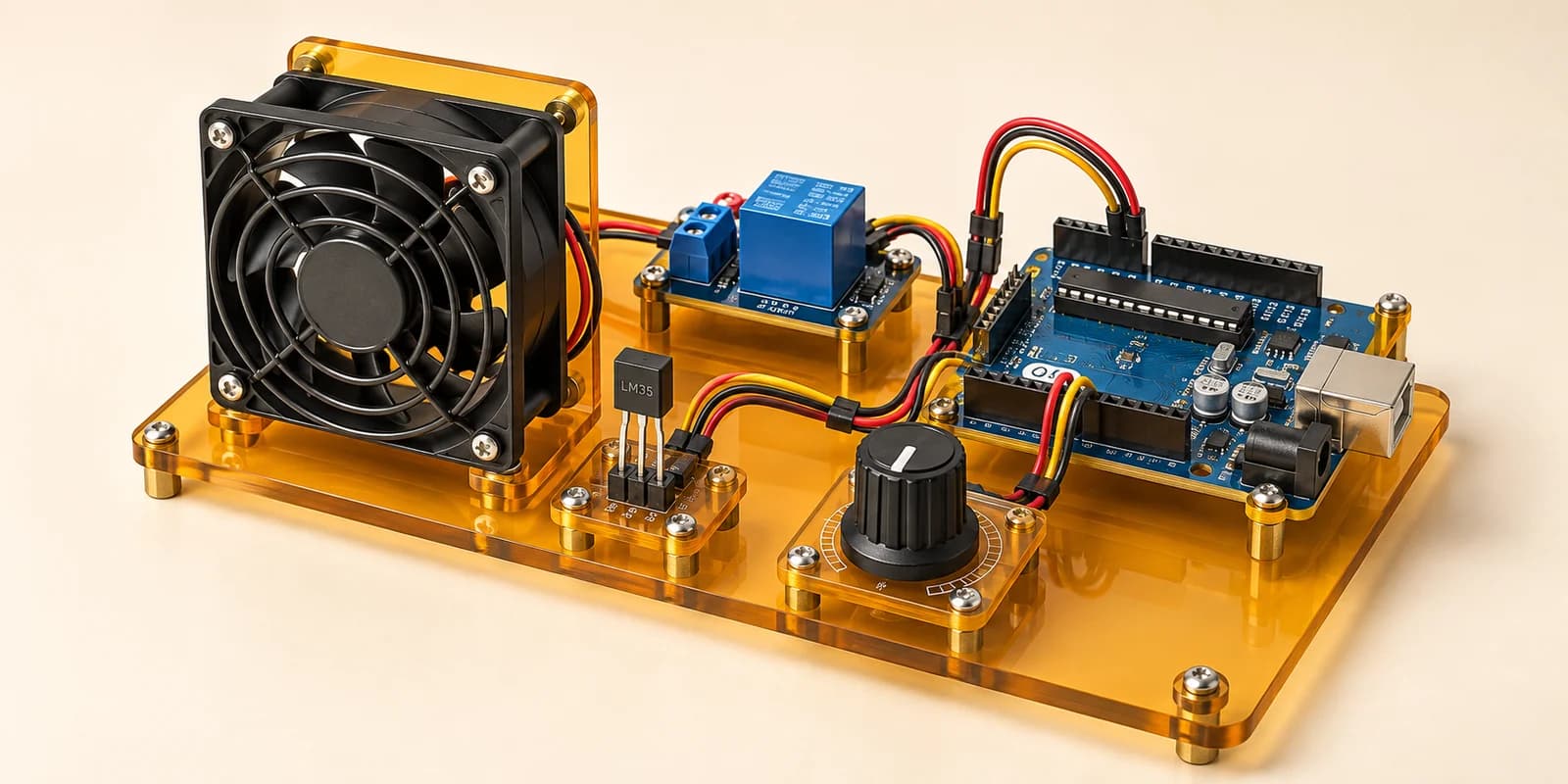 Arduino temperature-controlled fan prototype with LM35 sensor and adjustment knob