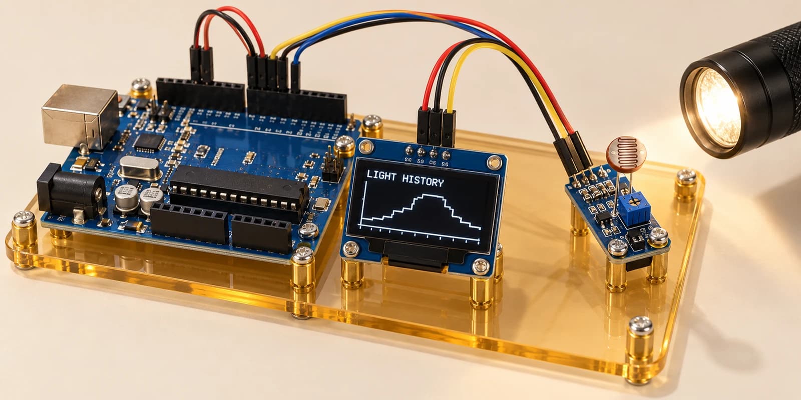Arduino light-history recorder with a photoresistor sensor, flashlight and OLED graph on an acrylic base