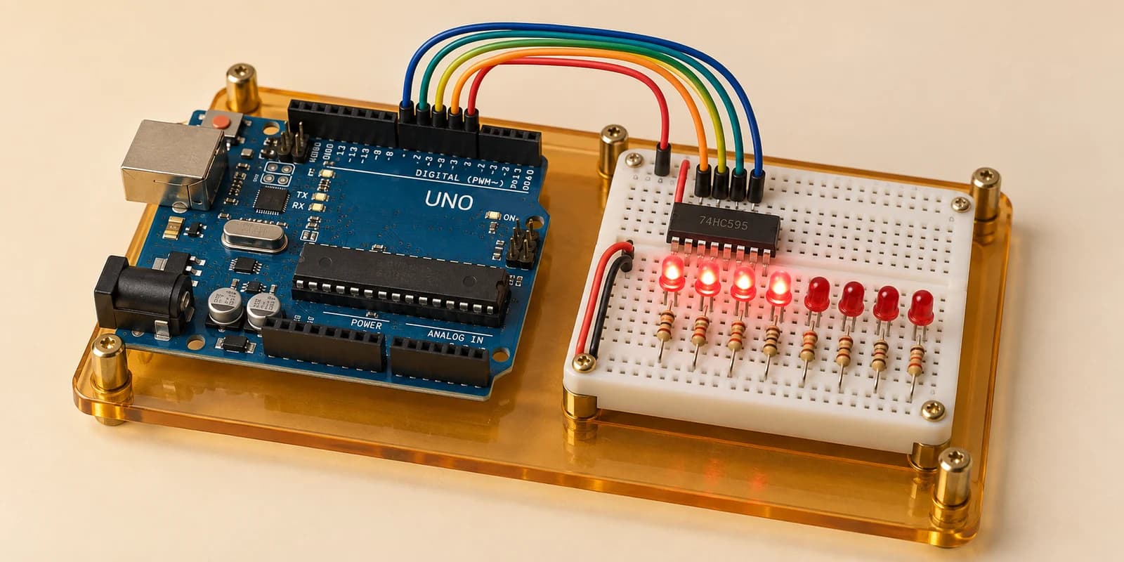 Arduino shift register driving eight individual LEDs