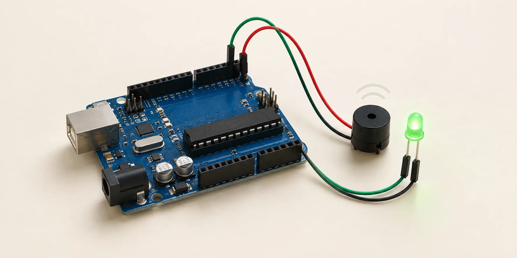 Arduino timing circuit with a green LED and buzzer