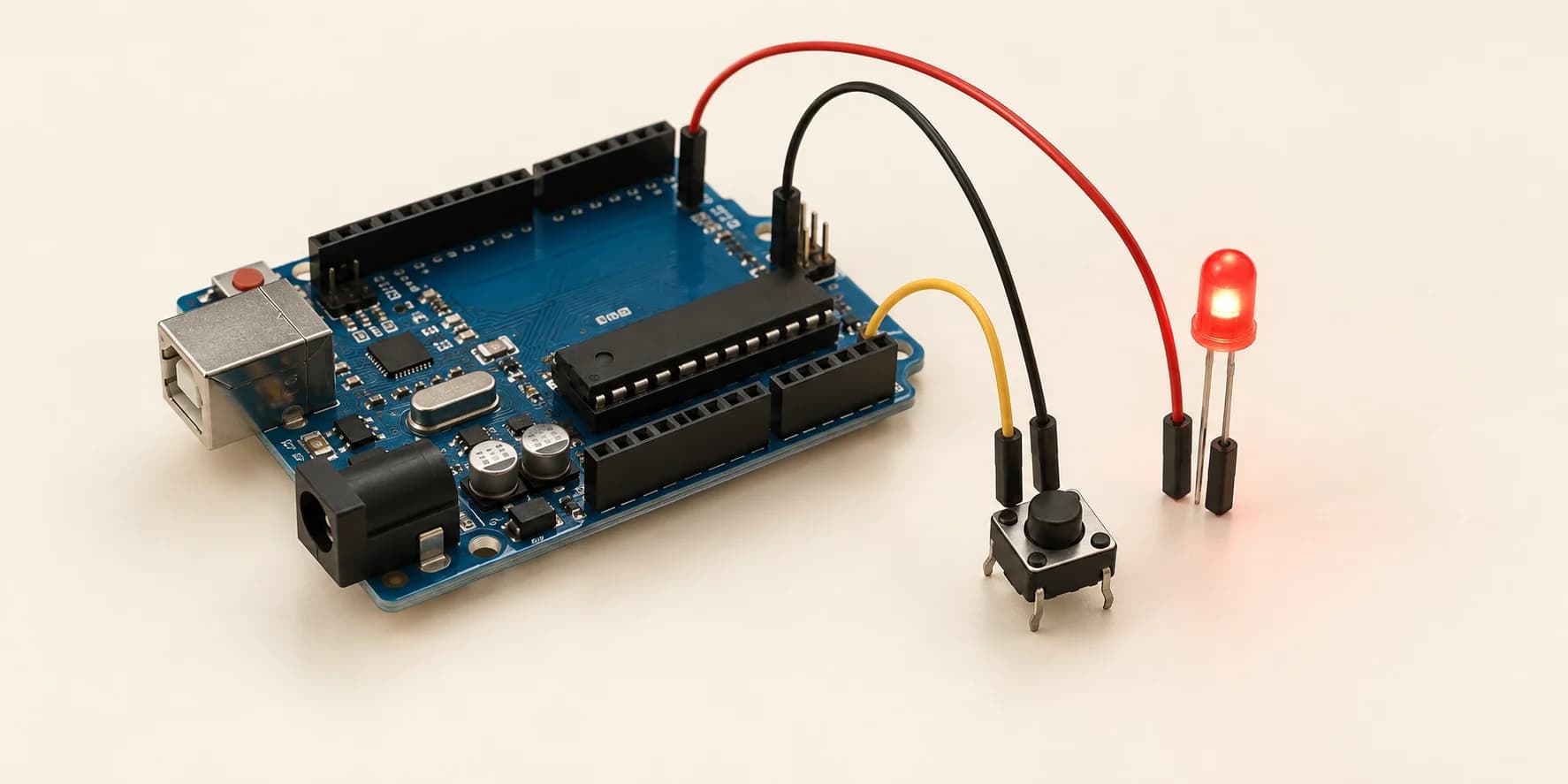 Pushbutton controlling a red LED connected to an Arduino