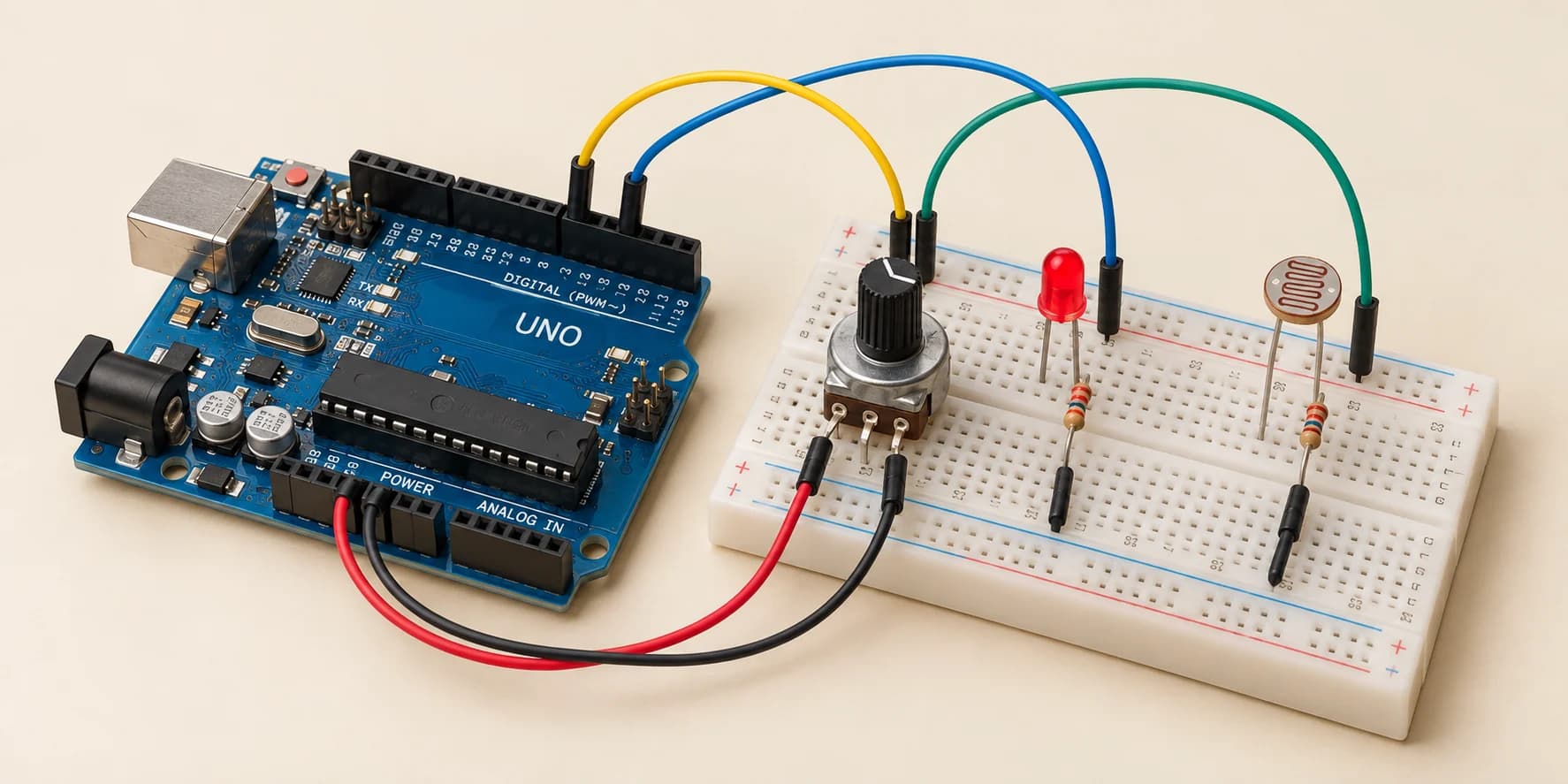 Arduino analog project with a control knob, light sensor and red LED