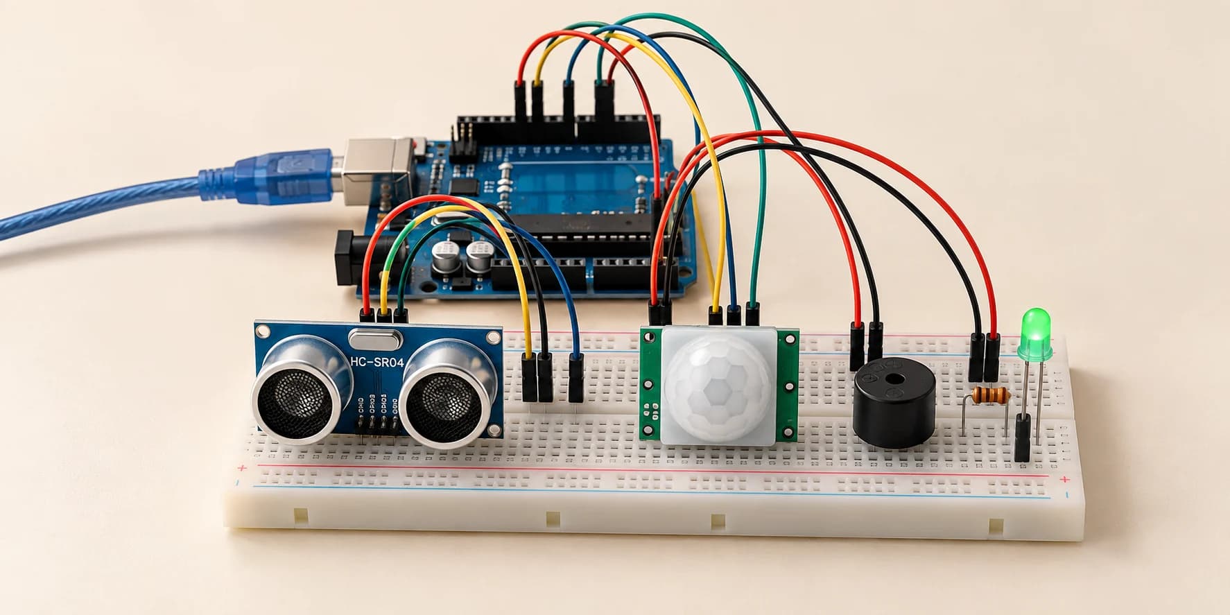 Arduino alarm with ultrasonic distance and motion sensors