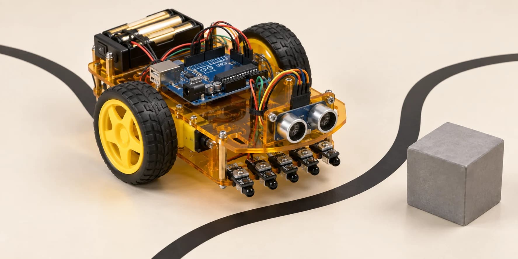 Arduino robot car with line sensors and an ultrasonic obstacle sensor
