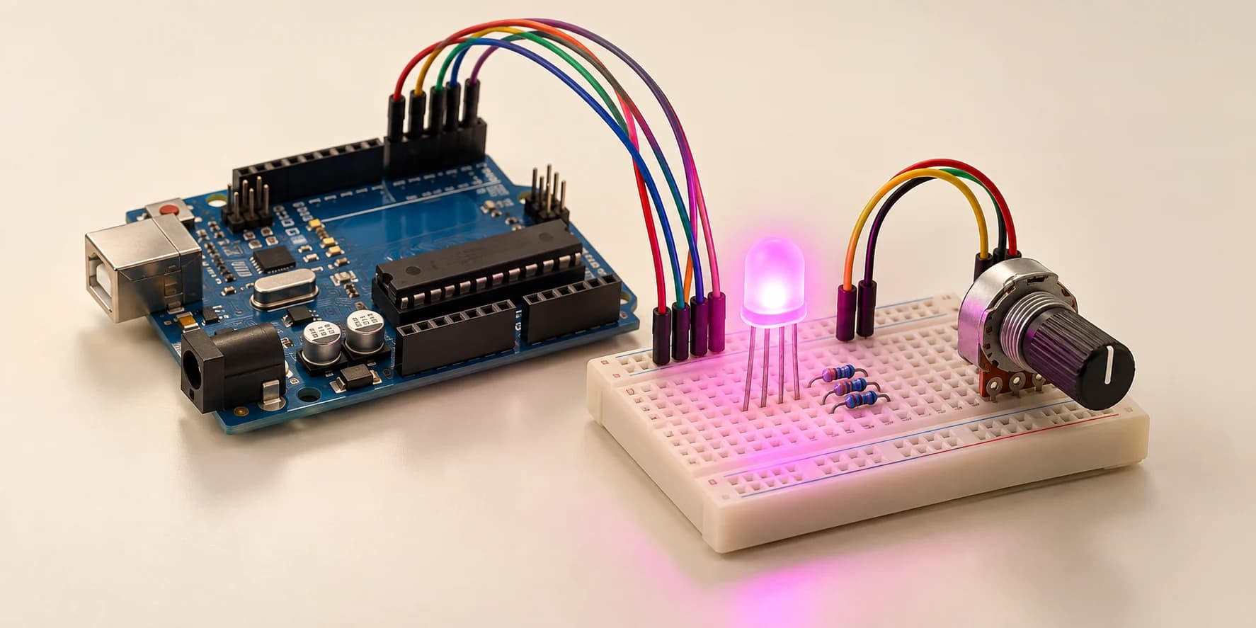 Arduino colour-mixing project with an RGB LED and control knob