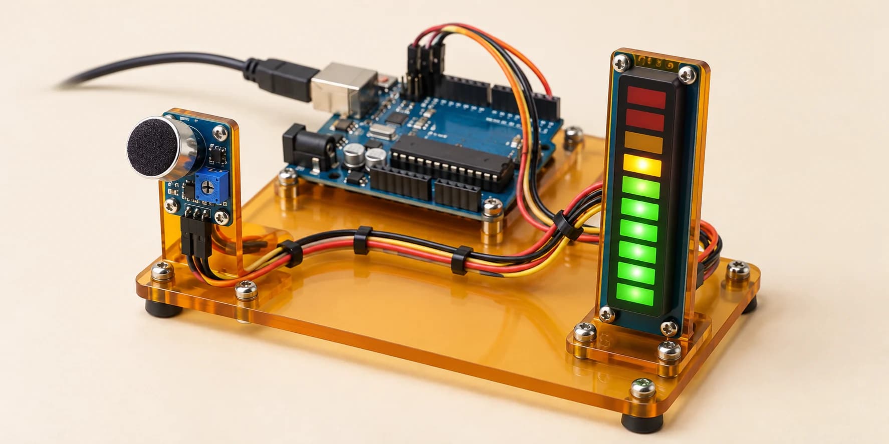 Arduino sound sensor beside an LED bargraph meter