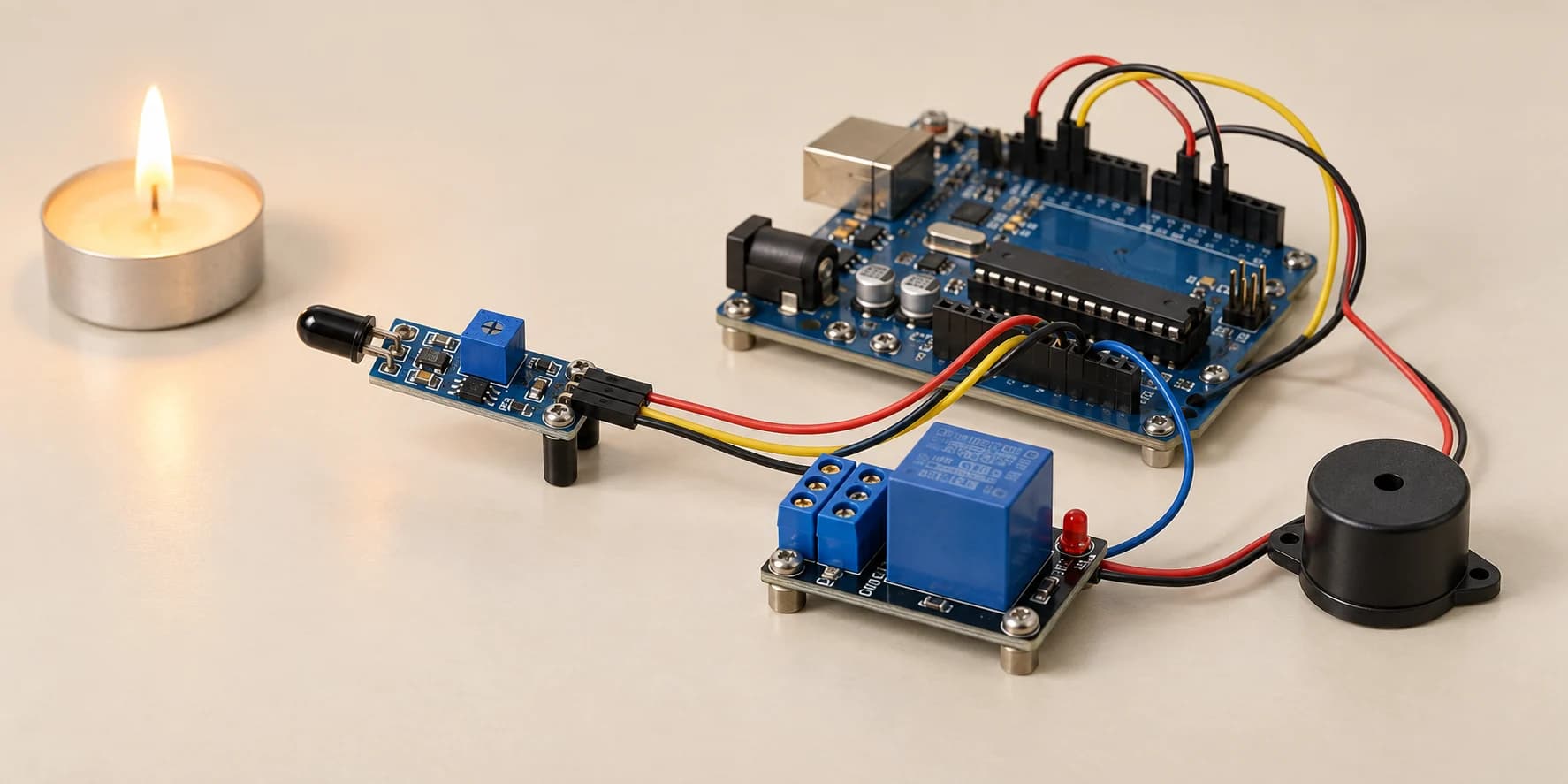 Arduino flame alarm with a flame sensor, relay and buzzer