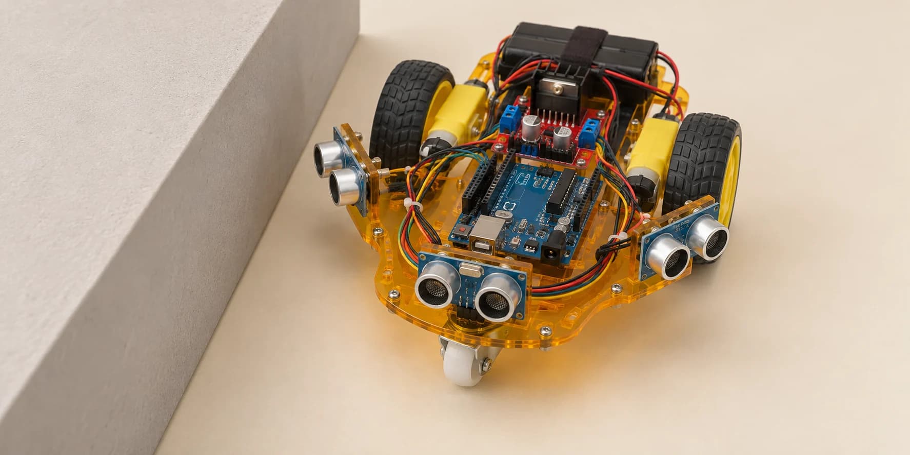 Arduino robot car with three ultrasonic wall-following sensors