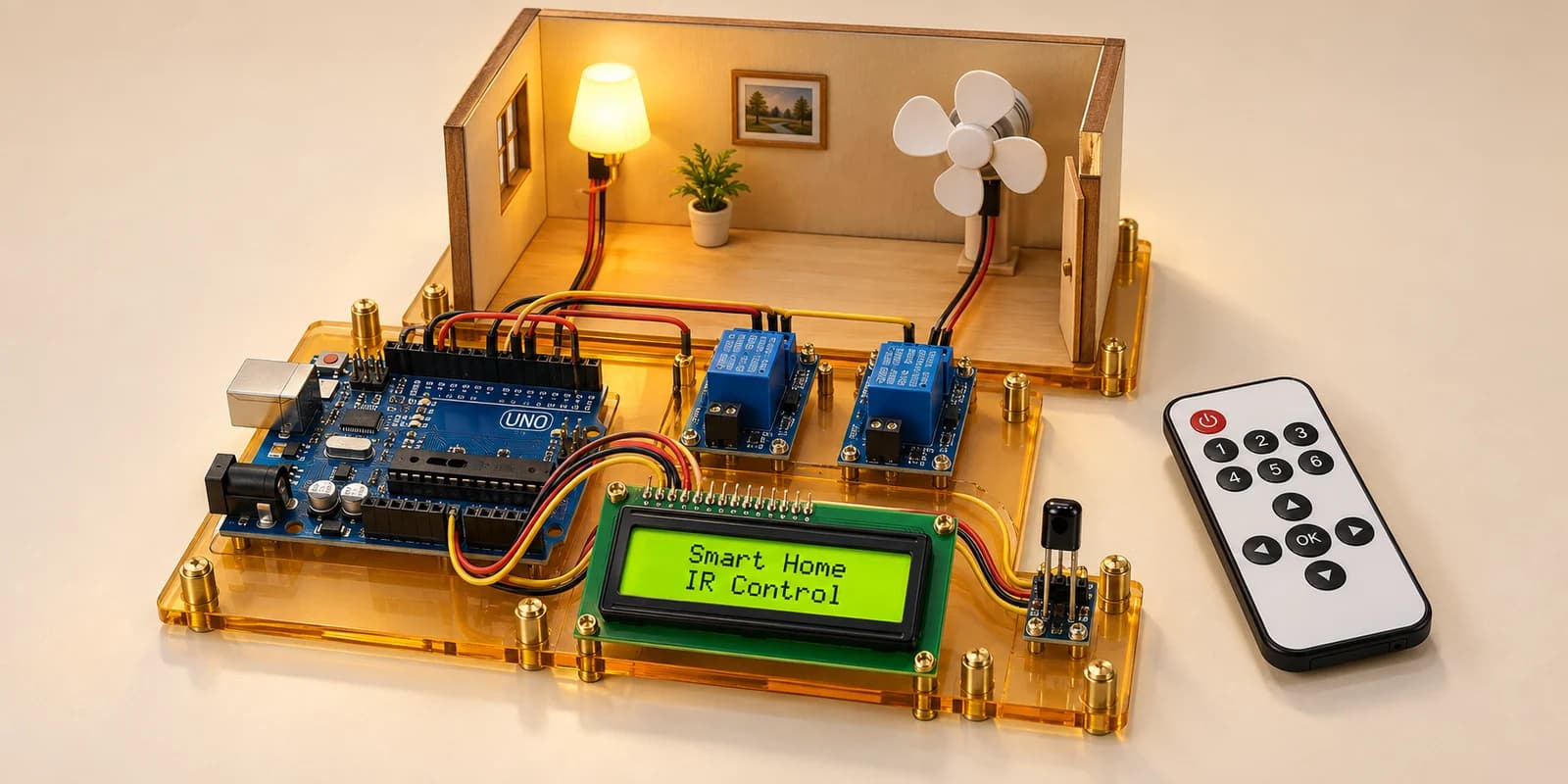 Infrared remote home-control model with two relays and LCD