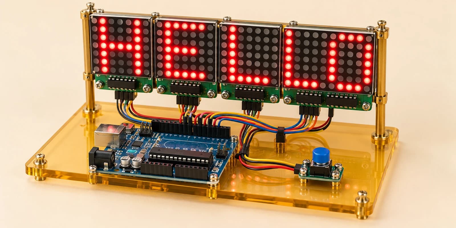 Arduino noticeboard with four red LED matrix panels showing HELLO and a blue pause button
