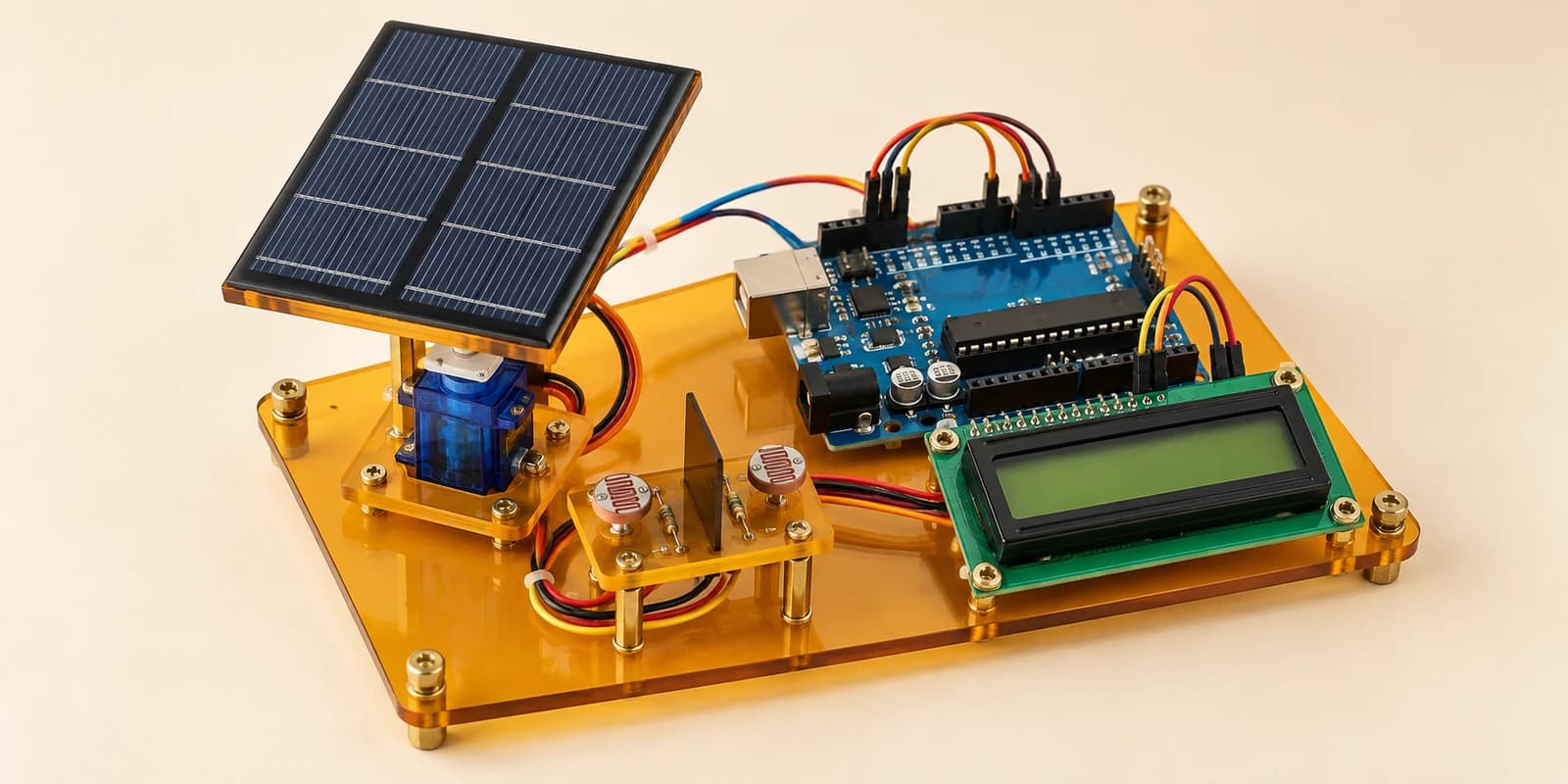 Servo-mounted solar tracking model with two light sensors and LCD