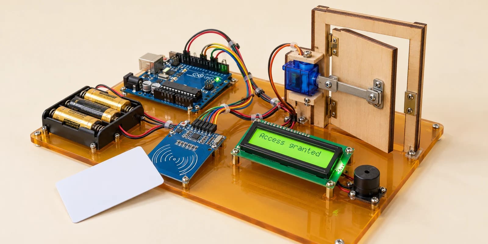 Arduino RFID reader, LCD and servo latch on a miniature wooden door