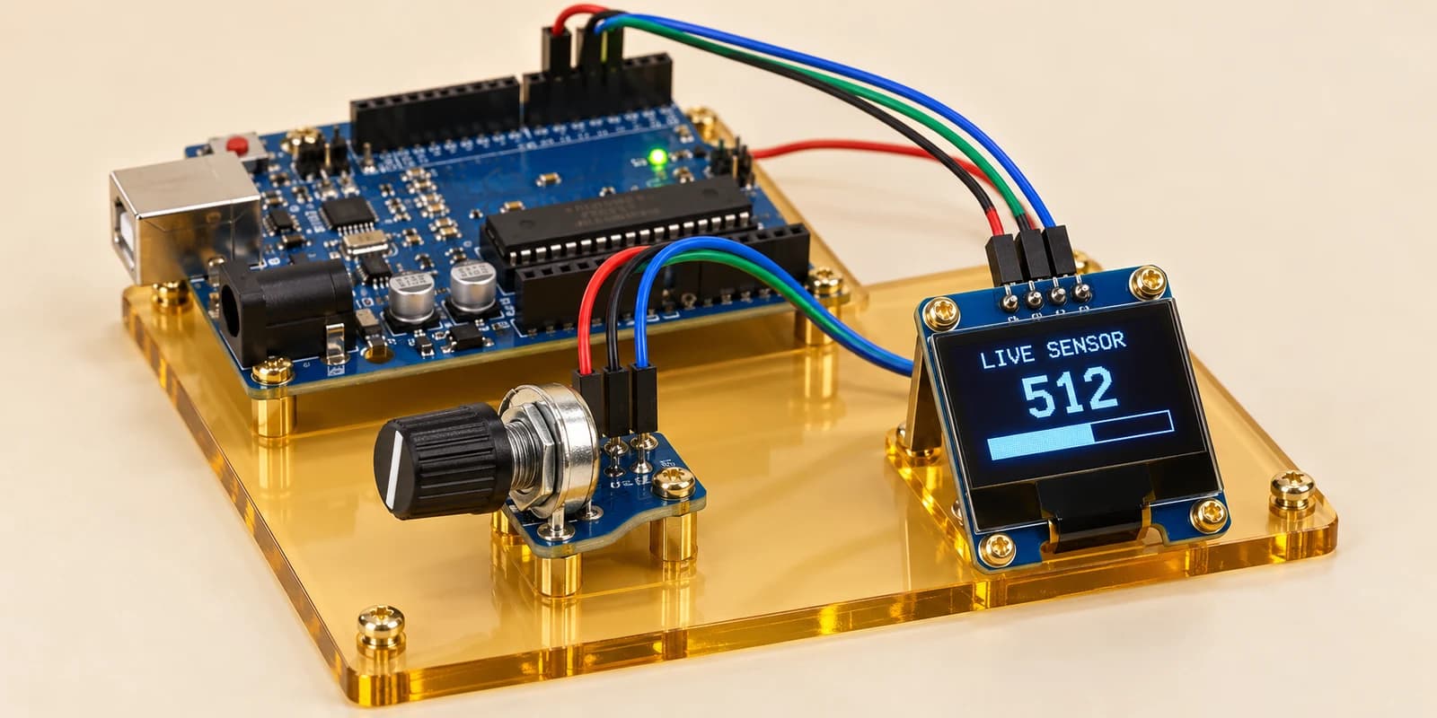 Arduino project with a rotary knob and a glowing OLED showing a sensor value and bar graph