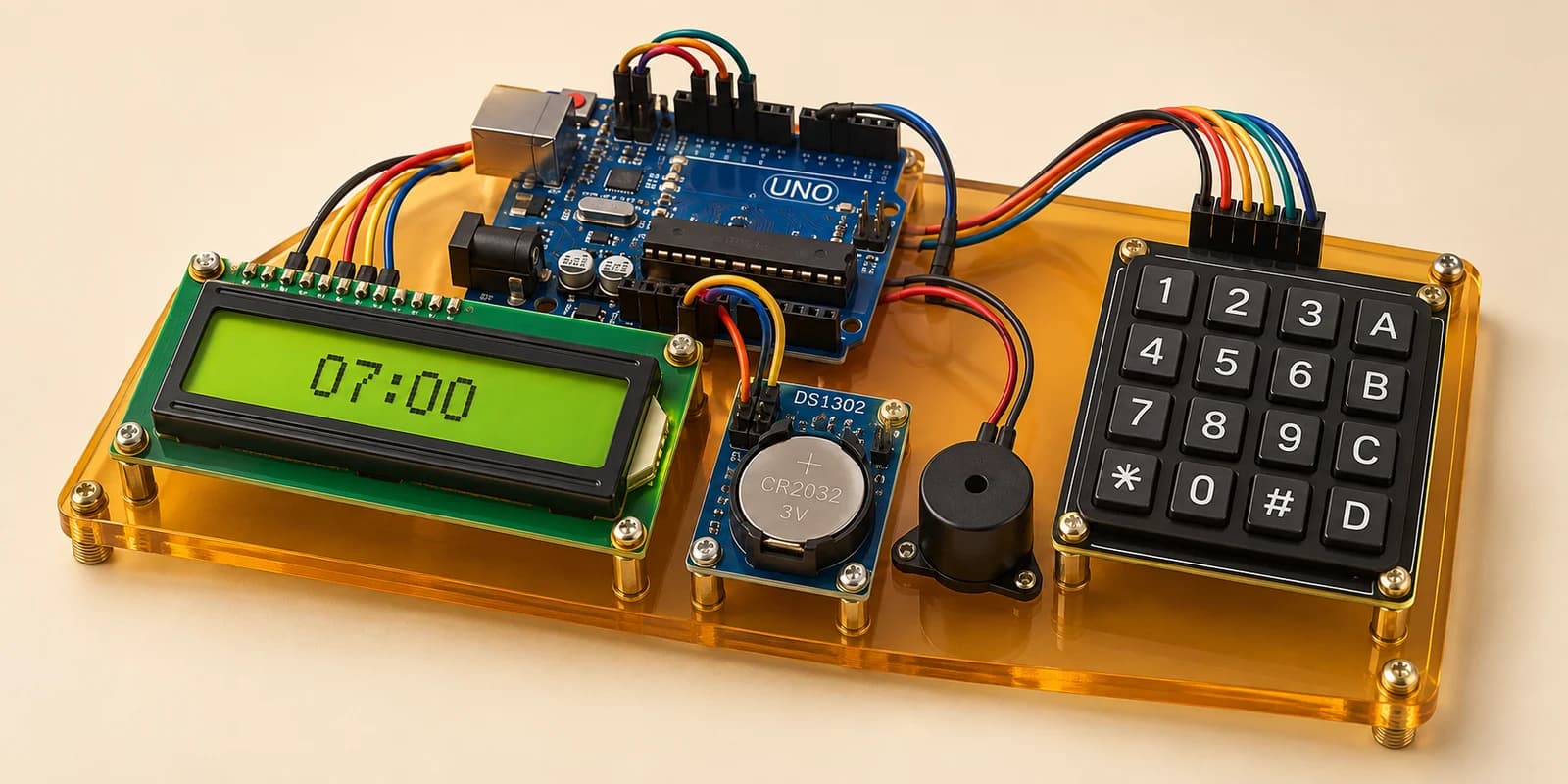 Arduino alarm clock with keypad, LCD, real-time clock and buzzer