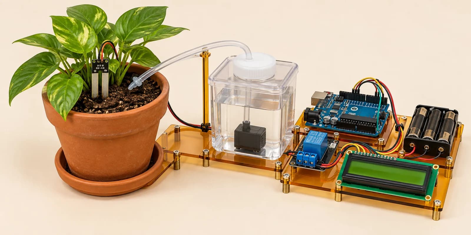 Arduino plant watering system with soil sensor, pump, relay and LCD