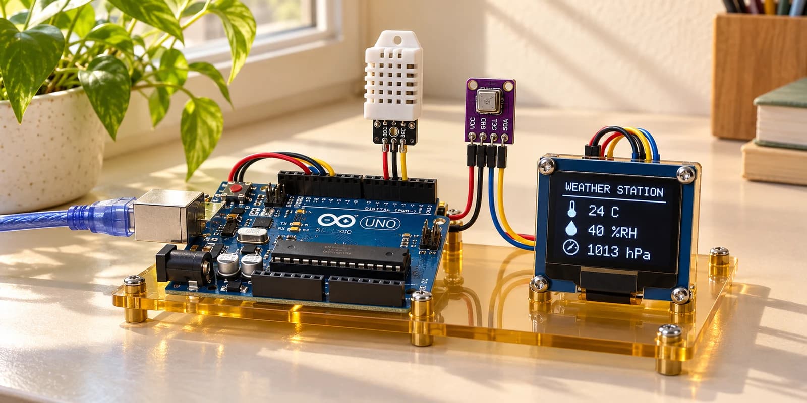 Arduino weather station with white DHT22, BMP280 pressure sensor and OLED readings on an acrylic base