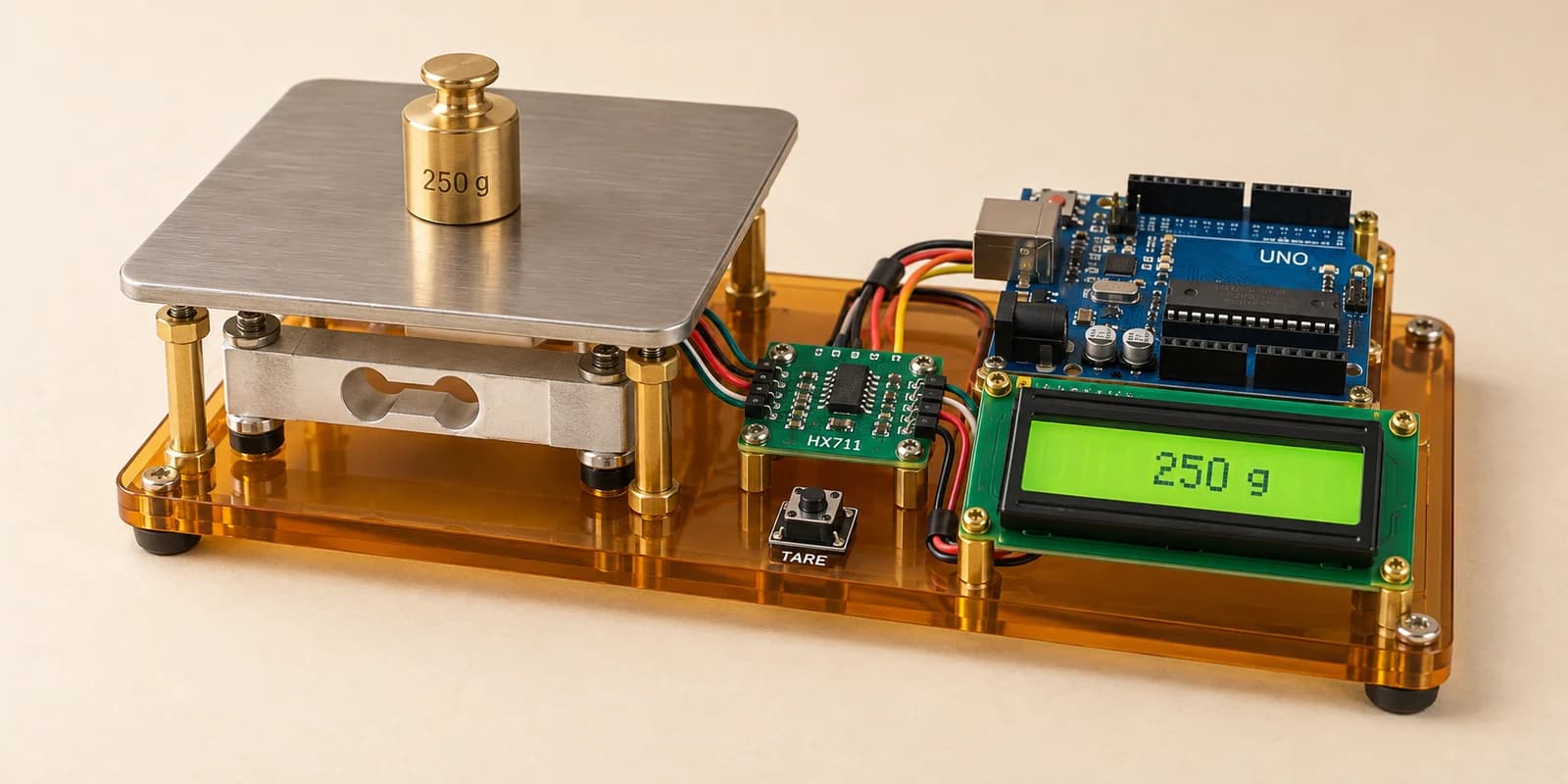 Arduino weighing scale with load cell, HX711 amplifier, tare button and LCD